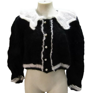 NEW MARIDRUNA Womens Kate Crop Mohair Hand knit Cardigan Size OS Black/Ivory